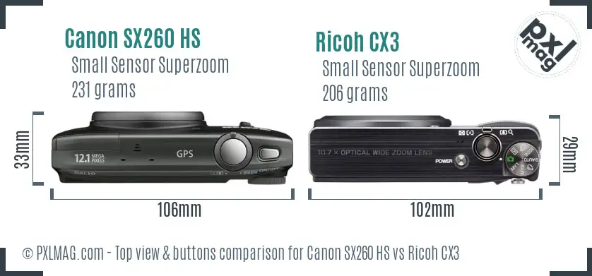 Canon SX260 HS vs Ricoh CX3 top view buttons comparison