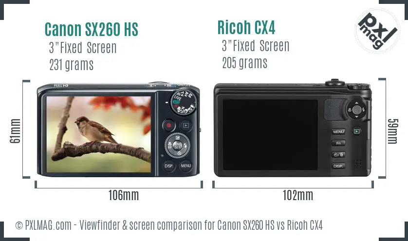 Canon SX260 HS vs Ricoh CX4 Screen and Viewfinder comparison