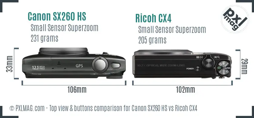 Canon SX260 HS vs Ricoh CX4 top view buttons comparison