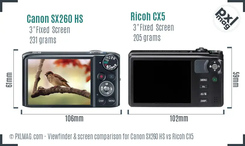 Canon SX260 HS vs Ricoh CX5 Screen and Viewfinder comparison