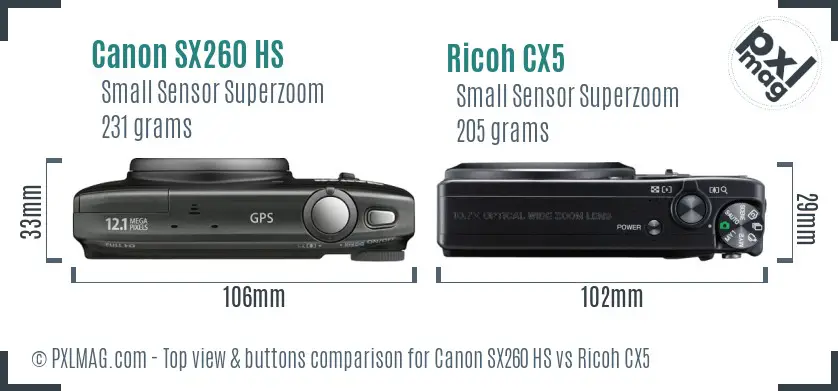 Canon SX260 HS vs Ricoh CX5 top view buttons comparison