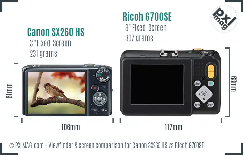 Canon SX260 HS vs Ricoh G700SE Screen and Viewfinder comparison