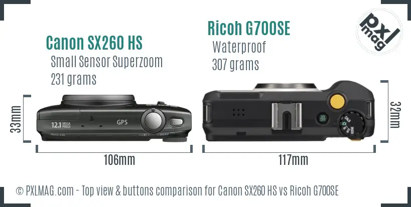 Canon SX260 HS vs Ricoh G700SE top view buttons comparison