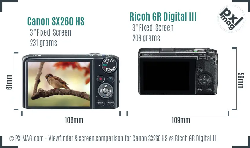 Canon SX260 HS vs Ricoh GR Digital III Screen and Viewfinder comparison