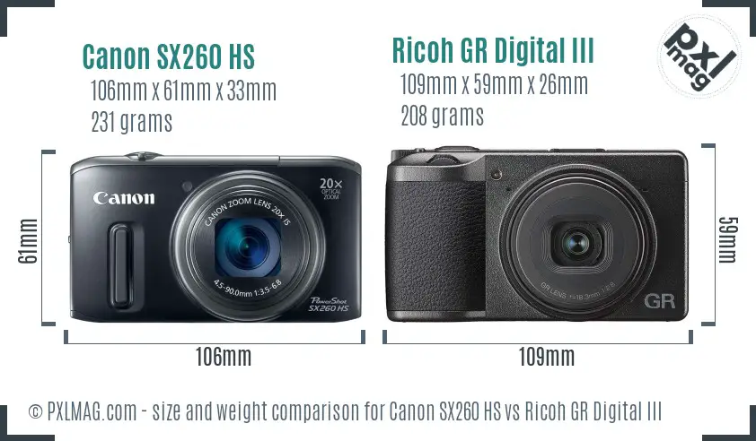 Canon SX260 HS vs Ricoh GR Digital III size comparison