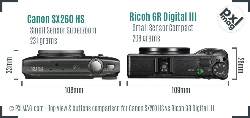 Canon SX260 HS vs Ricoh GR Digital III top view buttons comparison