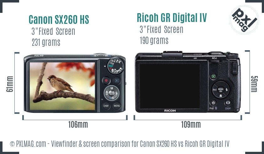 Canon SX260 HS vs Ricoh GR Digital IV Screen and Viewfinder comparison
