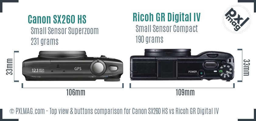Canon SX260 HS vs Ricoh GR Digital IV top view buttons comparison