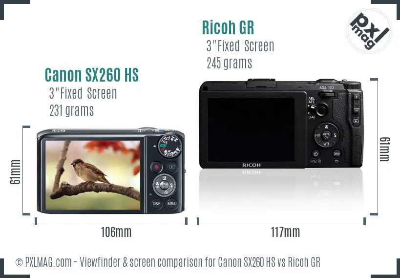 Canon SX260 HS vs Ricoh GR Screen and Viewfinder comparison