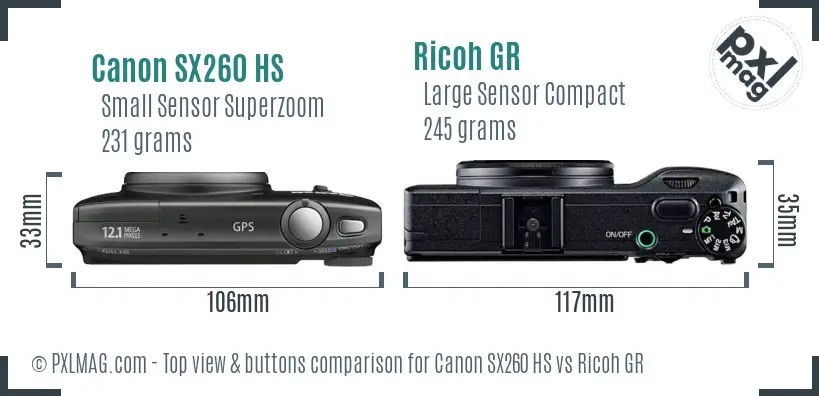 Canon SX260 HS vs Ricoh GR top view buttons comparison