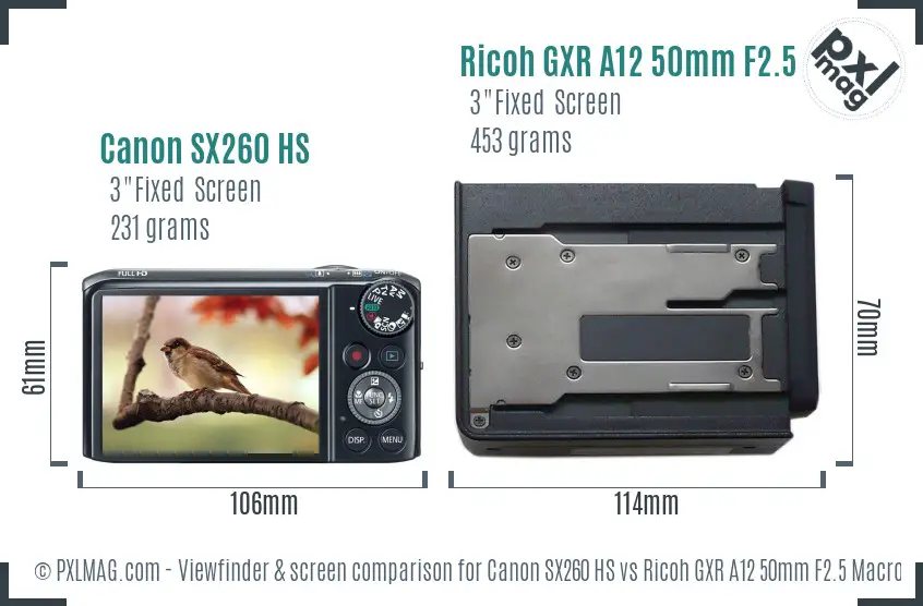 Canon SX260 HS vs Ricoh GXR A12 50mm F2.5 Macro Screen and Viewfinder comparison