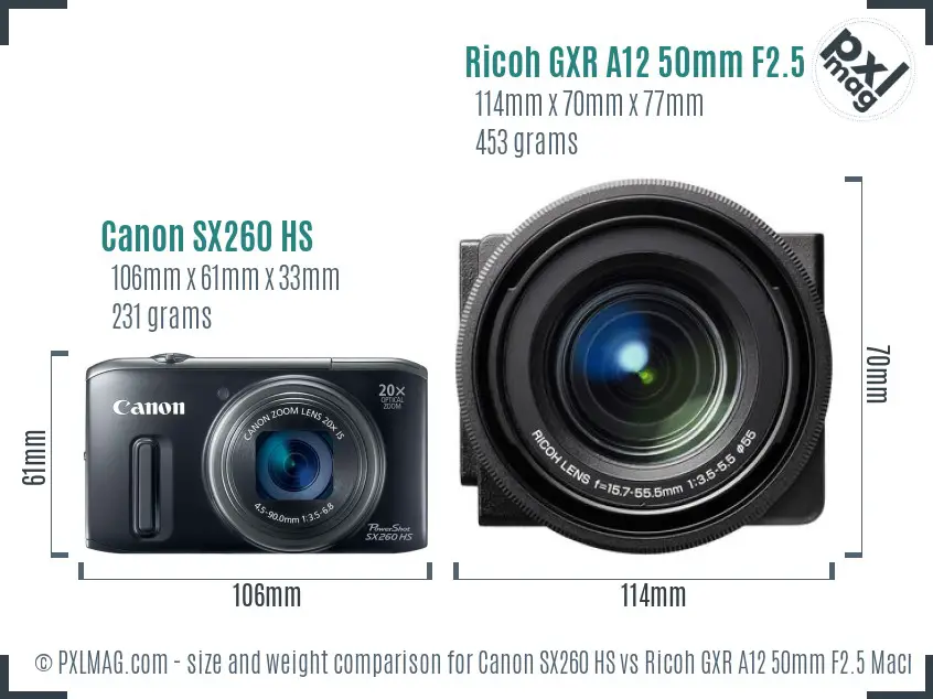 Canon SX260 HS vs Ricoh GXR A12 50mm F2.5 Macro size comparison