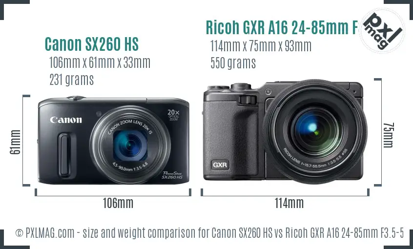 Canon SX260 HS vs Ricoh GXR A16 24-85mm F3.5-5.5 size comparison Canon SX260 HS vs Ricoh GXR A16 24-85mm F3.5-5.5 size comparison