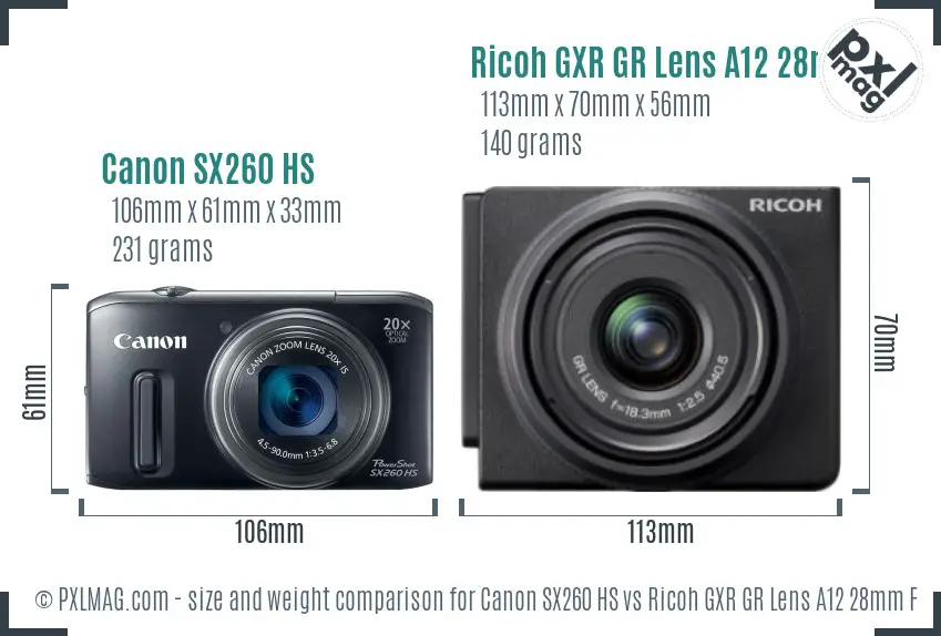 Canon SX260 HS vs Ricoh GXR GR Lens A12 28mm F2.5 size comparison