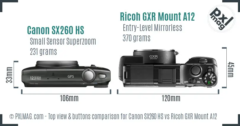Canon SX260 HS vs Ricoh GXR Mount A12 top view buttons comparison Canon SX260 HS vs Ricoh GXR Mount A12 top view buttons comparison