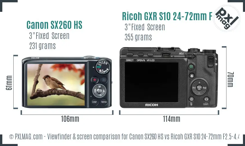 Canon SX260 HS vs Ricoh GXR S10 24-72mm F2.5-4.4 VC Screen and Viewfinder comparison