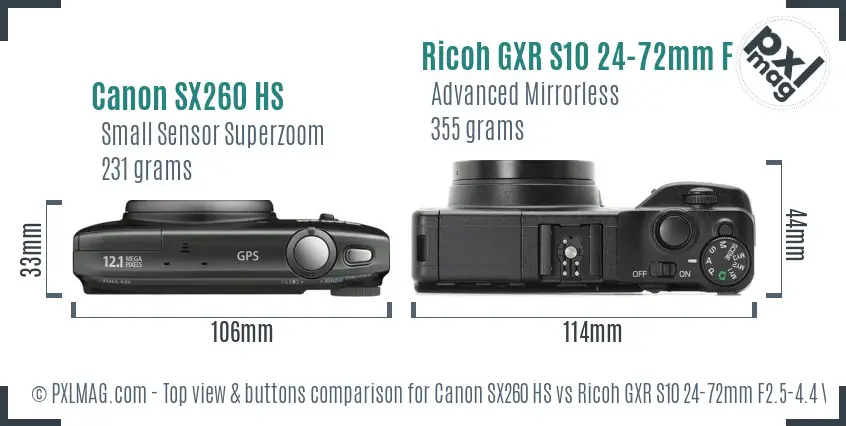 Canon SX260 HS vs Ricoh GXR S10 24-72mm F2.5-4.4 VC top view buttons comparison