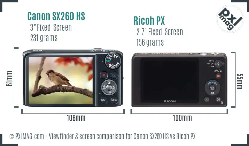 Canon SX260 HS vs Ricoh PX Screen and Viewfinder comparison