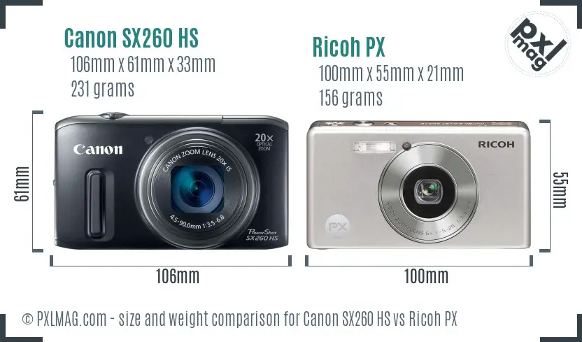 Canon SX260 HS vs Ricoh PX size comparison