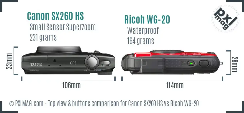 Canon SX260 HS vs Ricoh WG-20 top view buttons comparison Canon SX260 HS vs Ricoh WG-20 top view buttons comparison