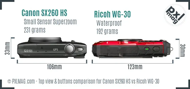 Canon SX260 HS vs Ricoh WG-30 top view buttons comparison Canon SX260 HS vs Ricoh WG-30 top view buttons comparison