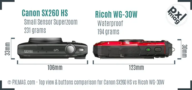 Canon SX260 HS vs Ricoh WG-30W top view buttons comparison Canon SX260 HS vs Ricoh WG-30W top view buttons comparison
