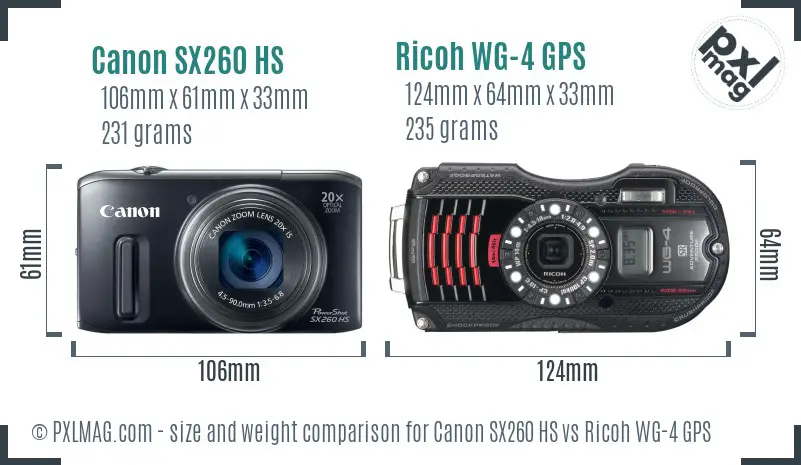 Canon SX260 HS vs Ricoh WG-4 GPS size comparison Canon SX260 HS vs Ricoh WG-4 GPS size comparison