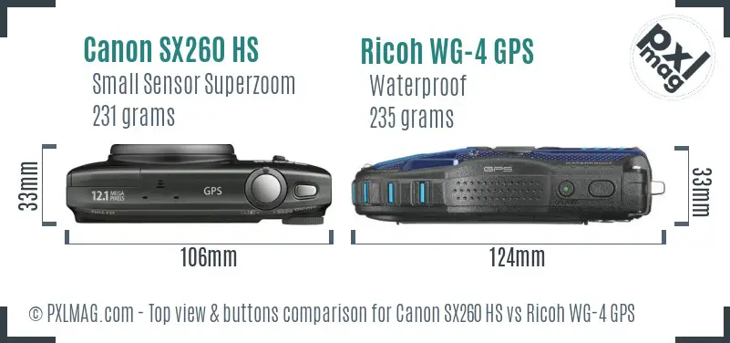 Canon SX260 HS vs Ricoh WG-4 GPS top view buttons comparison