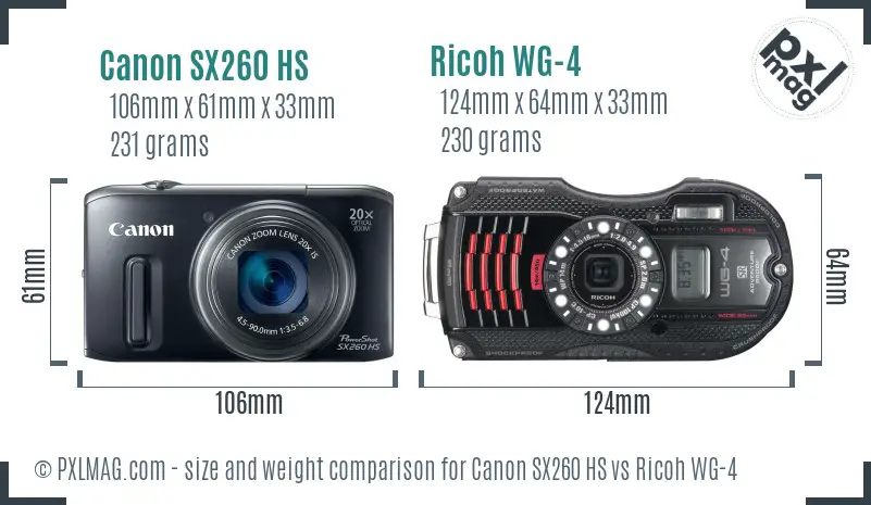 Canon SX260 HS vs Ricoh WG-4 size comparison