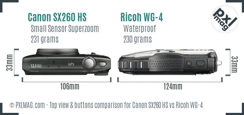 Canon SX260 HS vs Ricoh WG-4 top view buttons comparison