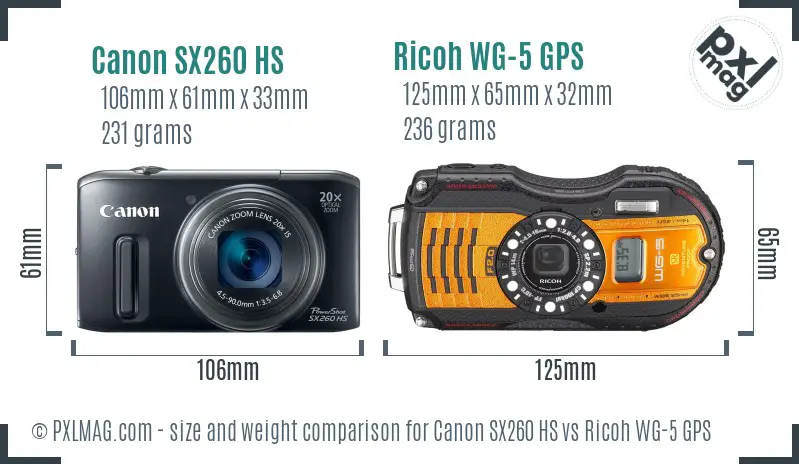 Canon SX260 HS vs Ricoh WG-5 GPS size comparison