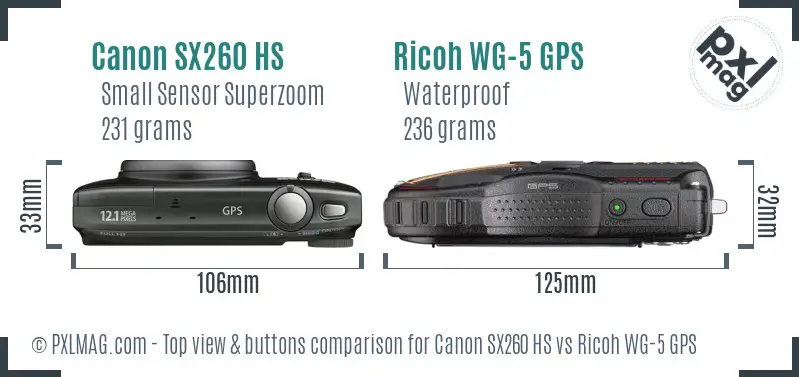 Canon SX260 HS vs Ricoh WG-5 GPS top view buttons comparison
