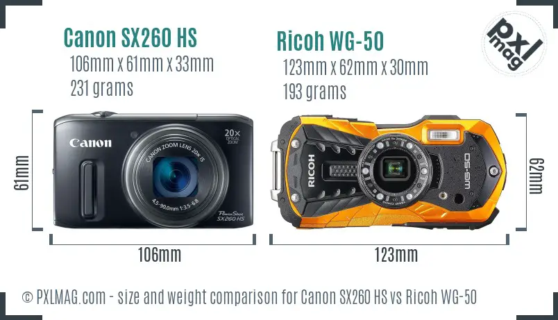 Canon SX260 HS vs Ricoh WG-50 size comparison