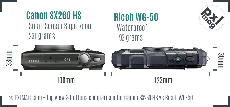 Canon SX260 HS vs Ricoh WG-50 top view buttons comparison