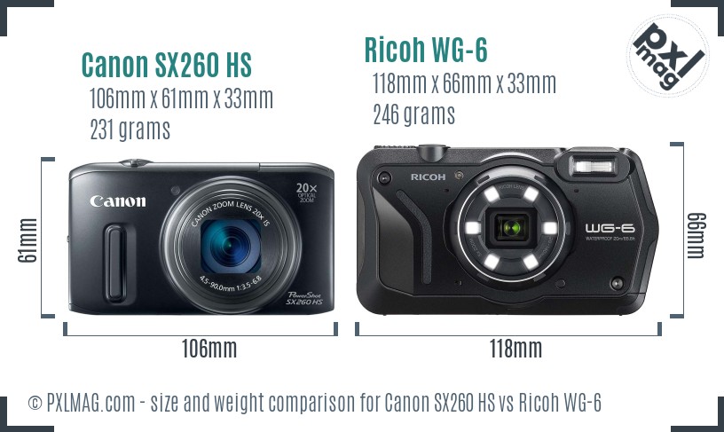Canon SX260 HS vs Ricoh WG-6 size comparison