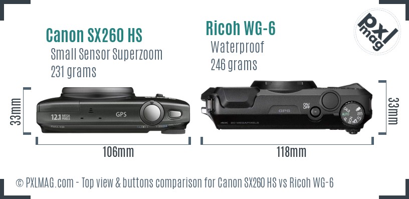 Canon SX260 HS vs Ricoh WG-6 top view buttons comparison