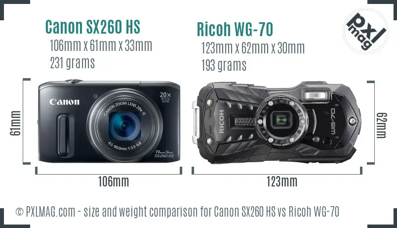 Canon SX260 HS vs Ricoh WG-70 size comparison