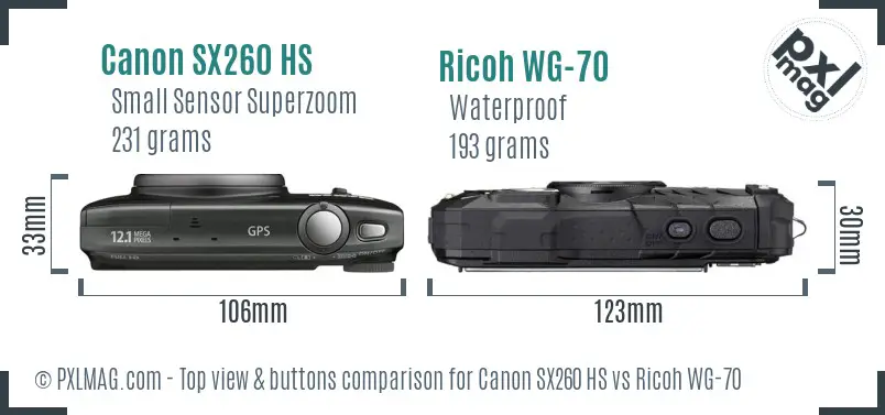 Canon SX260 HS vs Ricoh WG-70 top view buttons comparison