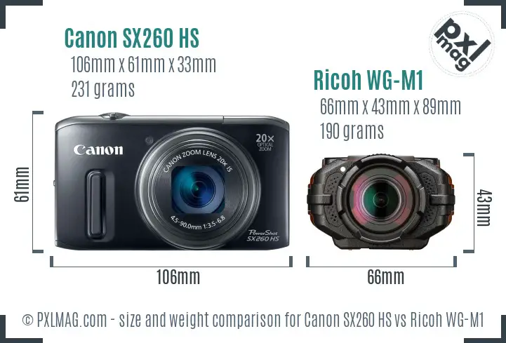 Canon SX260 HS vs Ricoh WG-M1 size comparison