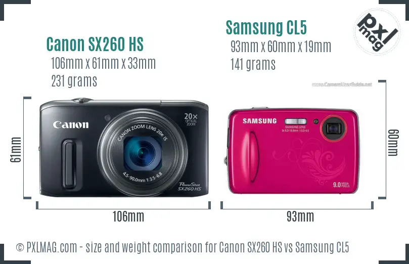Canon SX260 HS vs Samsung CL5 size comparison Canon SX260 HS vs Samsung CL5 size comparison