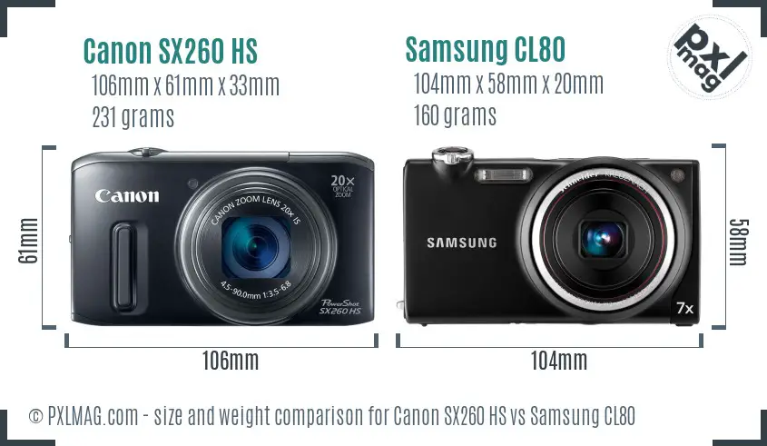 Canon SX260 HS vs Samsung CL80 size comparison