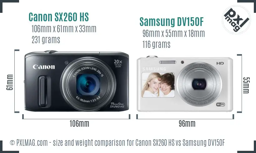 Canon SX260 HS vs Samsung DV150F size comparison