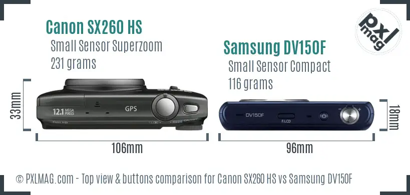 Canon SX260 HS vs Samsung DV150F top view buttons comparison