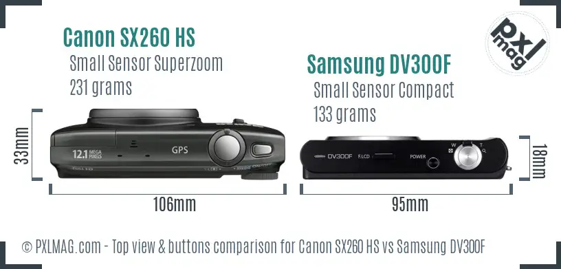 Canon SX260 HS vs Samsung DV300F top view buttons comparison Canon SX260 HS vs Samsung DV300F top view buttons comparison