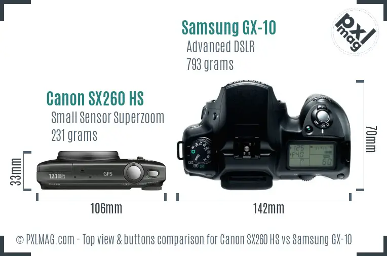 Canon SX260 HS vs Samsung GX-10 top view buttons comparison Canon SX260 HS vs Samsung GX-10 top view buttons comparison