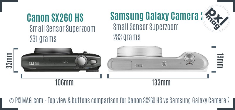 Canon SX260 HS vs Samsung Galaxy Camera 2 top view buttons comparison