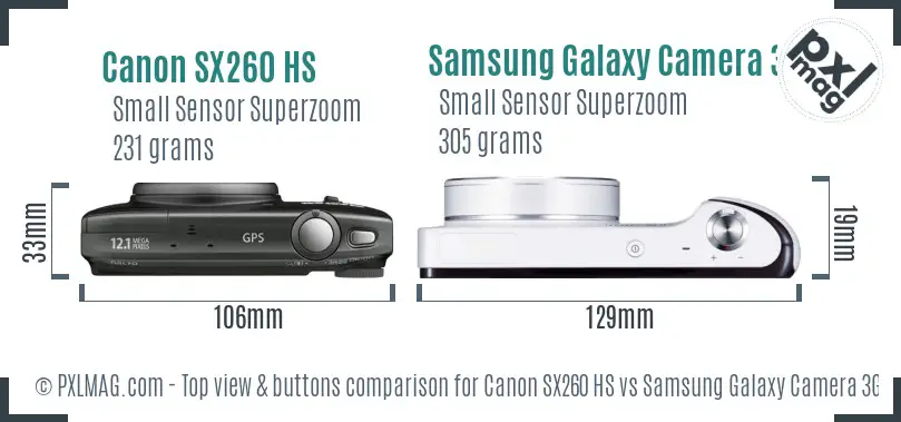 Canon SX260 HS vs Samsung Galaxy Camera 3G top view buttons comparison