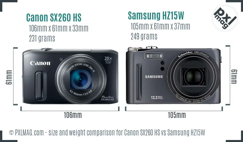 Canon SX260 HS vs Samsung HZ15W size comparison