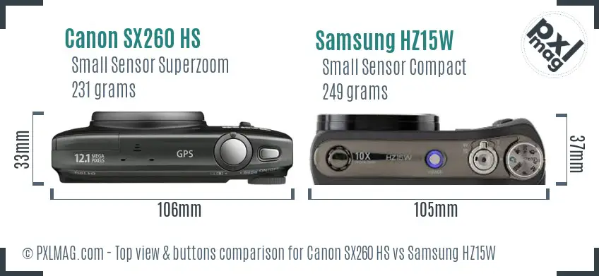 Canon SX260 HS vs Samsung HZ15W top view buttons comparison