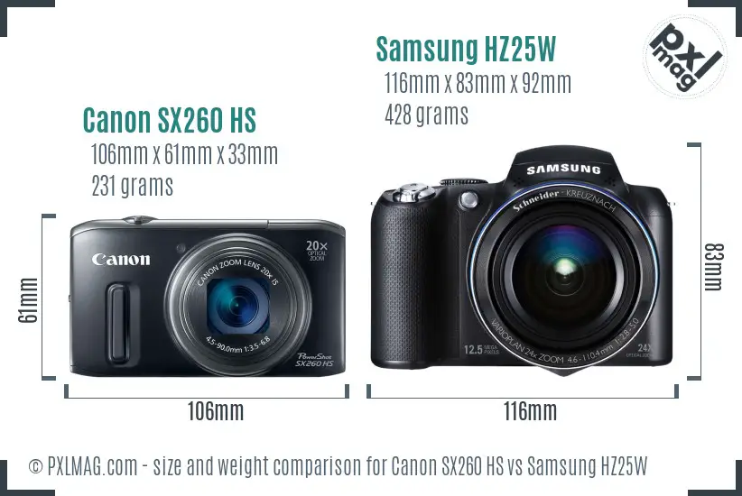 Canon SX260 HS vs Samsung HZ25W size comparison